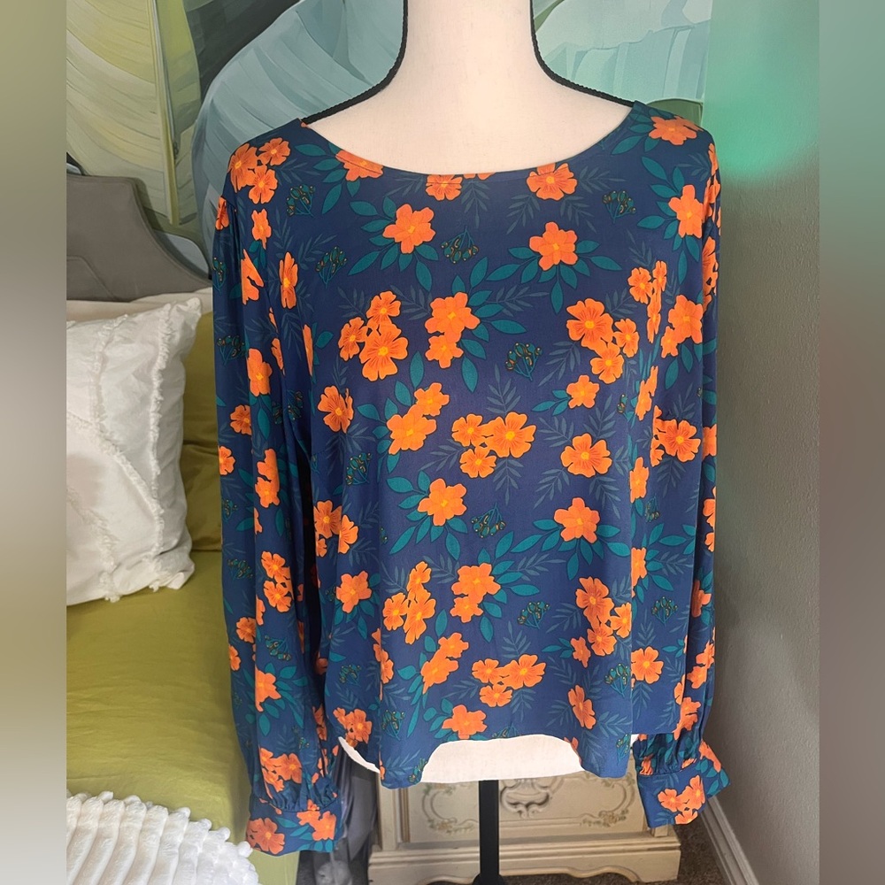 New! ModCloth x‎ Collectif Size XL Blue and Orange Floral Long Sleeve Blouse NWT